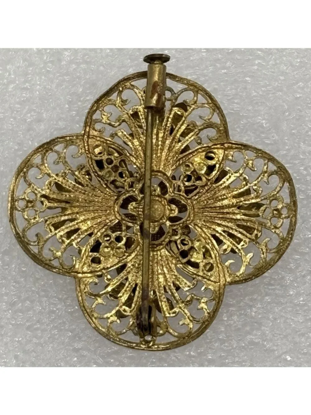 Vintage Czech Filigree Brooch Gold Tone Teardrop Pink Rhinestones Trombone Clasp